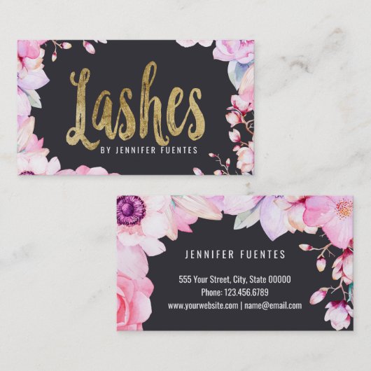 赤面のピンクの花柄および黒い金ゴールドの鞭 名刺 (正面/裏面)