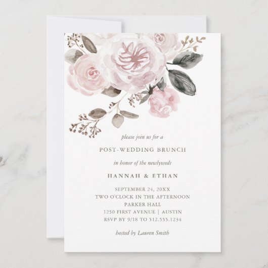 赤面のピンクの花柄|の水彩画のポストの結婚式のブランチ 招待状 (正面)