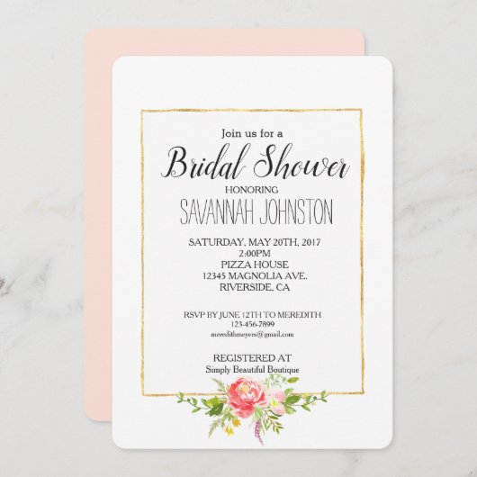 赤面のピンクの赤い花のブライダルシャワー 招待状 (正面/裏面)