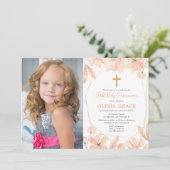 赤面のピンクの金ゴールドのエレガントな最初聖餐式の写真 招待状 (スタンド正面)