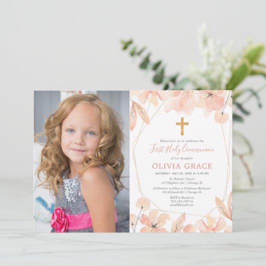 赤面のピンクの金ゴールドのエレガントな最初聖餐式の写真 招待状 (スタンド正面)