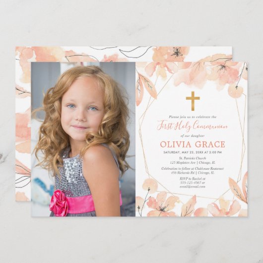 赤面のピンクの金ゴールドのエレガントな最初聖餐式の写真 招待状 (正面/裏面)