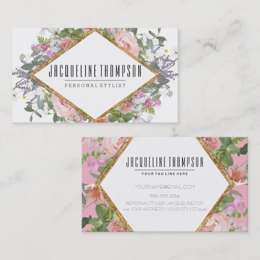 赤面のピンクの金ゴールドのモダンで幾何学的な花の花 名刺 (正面/裏面)