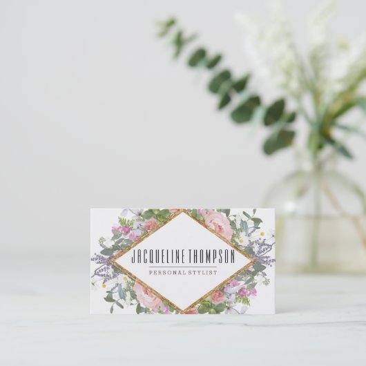 赤面のピンクの金ゴールドのモダンで幾何学的な花の花 名刺 (スタンド正面)