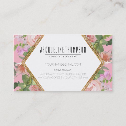 赤面のピンクの金ゴールドのモダンで幾何学的な花の花 名刺 (裏面)