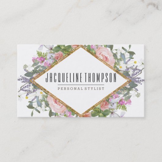 赤面のピンクの金ゴールドのモダンで幾何学的な花の花 名刺 (正面)