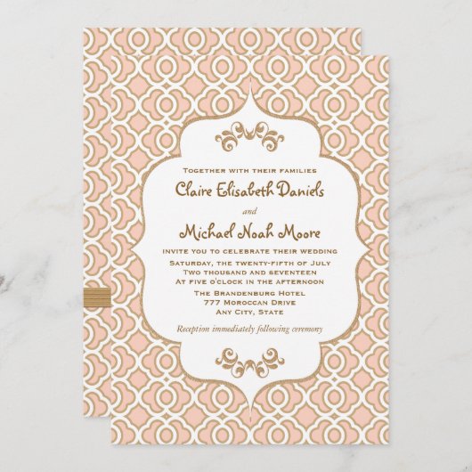 赤面のピンクの金ゴールドのモトッコ人の結婚式招待状 招待状 (正面/裏面)