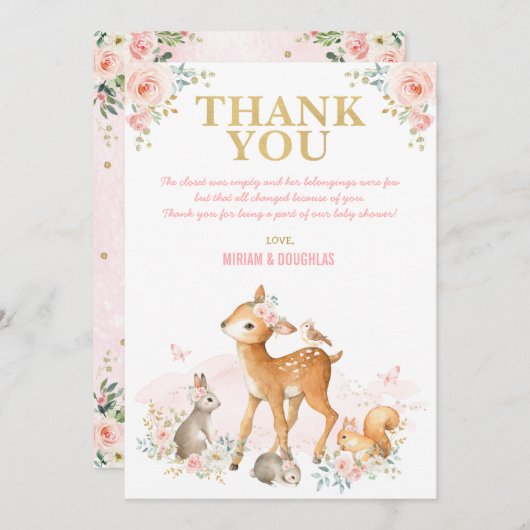 赤面のピンクの金ゴールドの森林動物の森林女の赤ちゃん サンキューカード (正面/裏面)