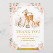 赤面のピンクの金ゴールドの花の森林誕生日 サンキューカード (正面/裏面)