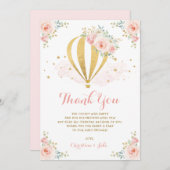 赤面のピンクの金ゴールドの花の熱気の気球のベビーシャワー サンキューカード (正面/裏面)