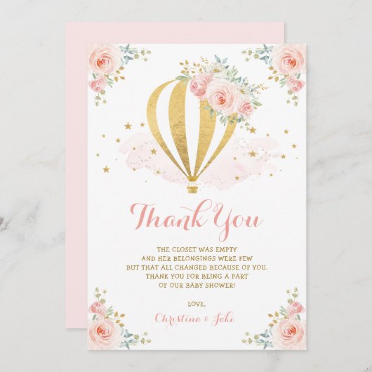 赤面のピンクの金ゴールドの花の熱気の気球のベビーシャワー サンキューカード (正面/裏面)