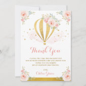 赤面のピンクの金ゴールドの花の熱気の気球の誕生日 サンキューカード (正面)