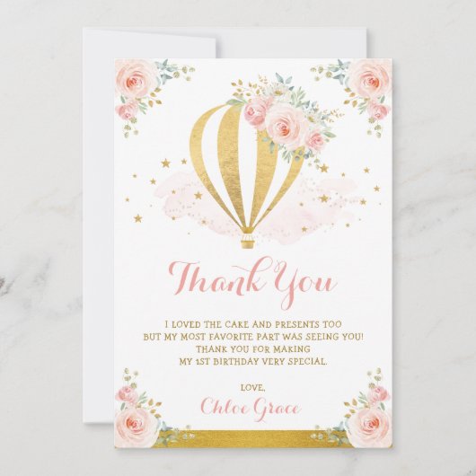 赤面のピンクの金ゴールドの花の熱気の気球の誕生日 サンキューカード (正面)
