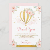 赤面のピンクの金ゴールドの花の熱気の気球の誕生日 サンキューカード (正面/裏面)