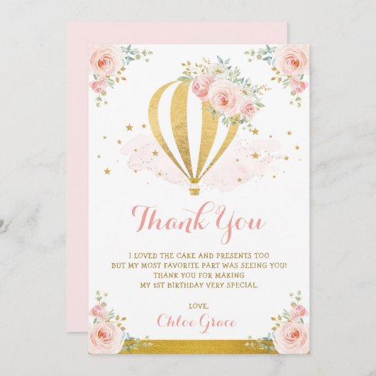 赤面のピンクの金ゴールドの花の熱気の気球の誕生日 サンキューカード (正面/裏面)