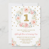 赤面のピンクの金ゴールドの花柄の第1誕生日の野生の1つのパーティー 招待状 (正面)
