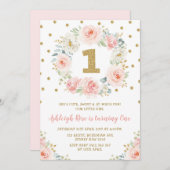 赤面のピンクの金ゴールドの花柄の第1誕生日の野生の1つのパーティー 招待状 (正面/裏面)