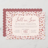 赤面のピンクは一口ベビーシャワーの恋に落ち、見ます 招待状 (正面/裏面)