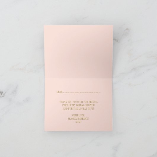 赤面のピンク及び金ゴールドの華美な渦巻のブライダルシャワー サンキューカード (内部)