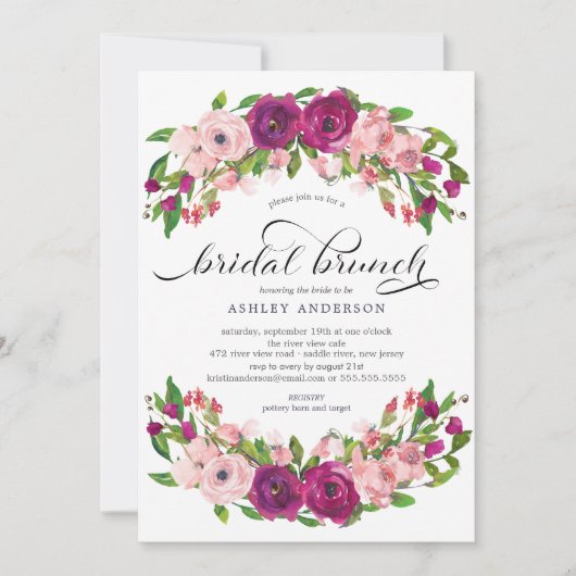 赤面のピンク及びMarsalaの花のブライダルシャワーのブランチ 招待状 (正面)
