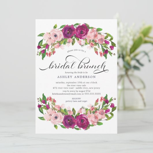 赤面のピンク及びMarsalaの花のブライダルシャワーのブランチ 招待状 (スタンド正面)