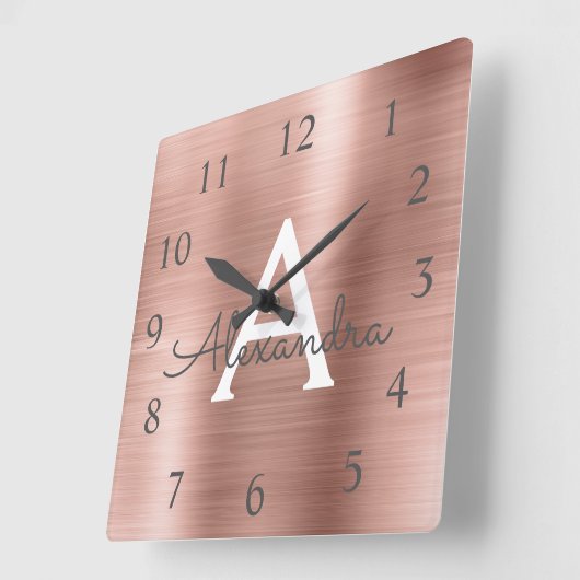 赤面のピンク-ばら色の金ゴールドの金属モノグラムの名前 スクエア壁時計 (傾斜)
