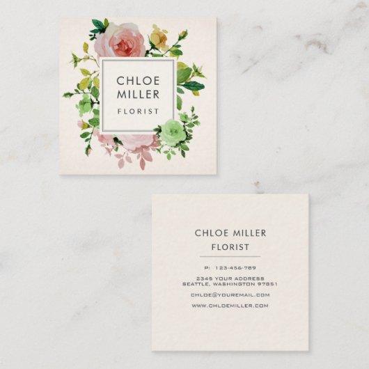 赤面のベージュヴィンテージの花の正方形の名刺 スクエア名刺 (正面/裏面)