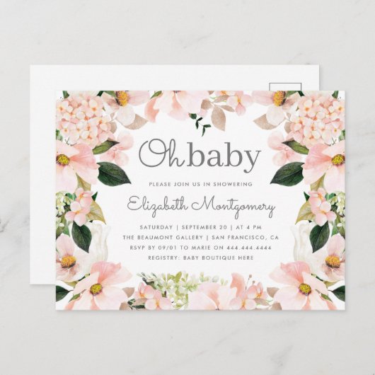 赤面の春の花のリースのOhベビーシャワー インビテーションポストカード (正面/裏面)