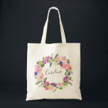 赤面の水彩画の花のリース トートバッグ<br><div class="desc">赤面のピンク、青および紫色の花が付いている私達のモダンなトートバックの特徴の春の水彩画の花のリース。 あなたの名前とのそれを個人化して下さい。</div>