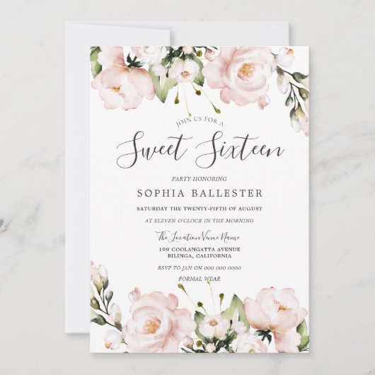 赤面の水色の花の甘い16誕生日パーティー 招待状 (正面)