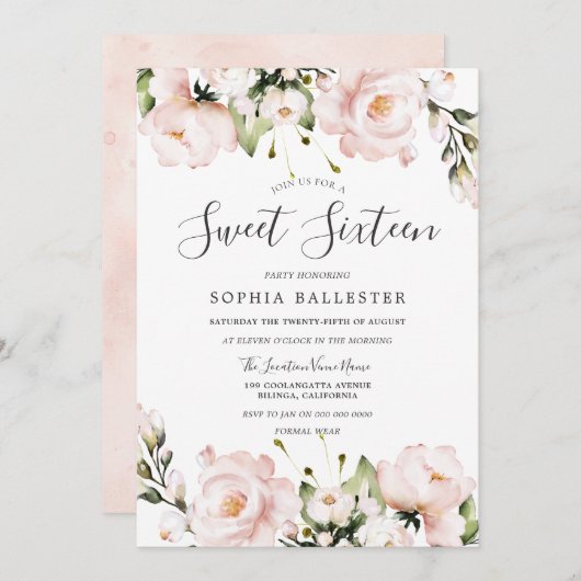 赤面の水色の花の甘い16誕生日パーティー 招待状 (正面/裏面)
