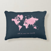 赤面の濃紺のピンクの水彩画の世界地図 アクセントクッション (正面)