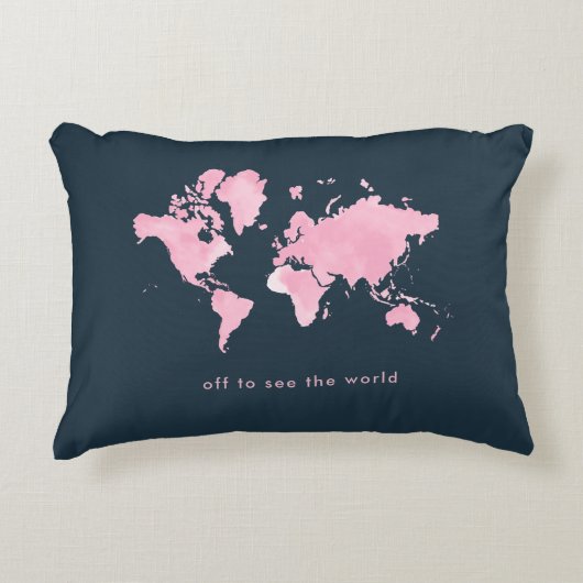 赤面の濃紺のピンクの水彩画の世界地図 アクセントクッション (正面)