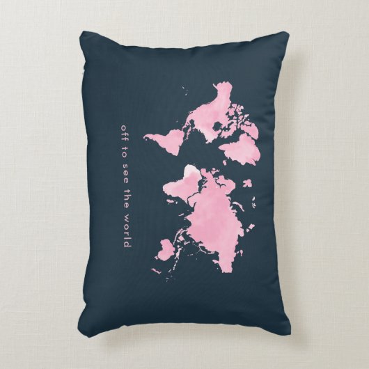 赤面の濃紺のピンクの水彩画の世界地図 アクセントクッション (正面(垂直))