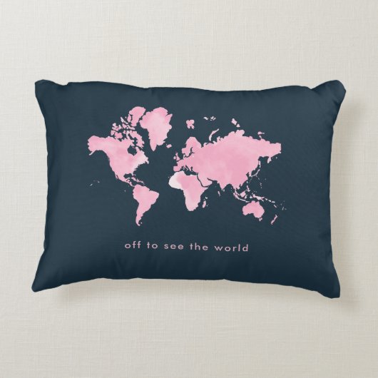 赤面の濃紺のピンクの水彩画の世界地図 アクセントクッション (裏面)