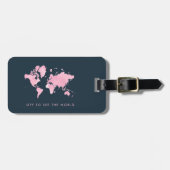 赤面の濃紺のピンクの水彩画の世界地図 ラゲッジタグ (正面横)