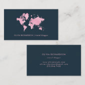 赤面の濃紺のピンクの水彩画の世界地図 名刺 (正面/裏面)