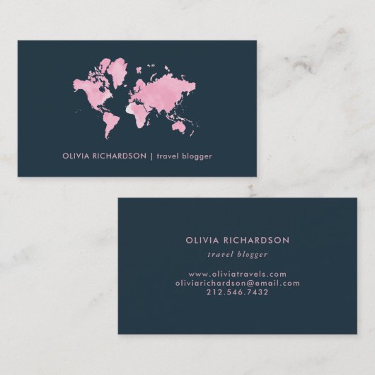赤面の濃紺のピンクの水彩画の世界地図 名刺 (正面/裏面)