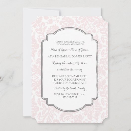 赤面の灰色のダマスク織の写真のリハーサルのディナー・パーティ 招待状 (裏面)