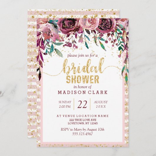 赤面の花と金ゴールドブライダルシャワー招待 招待状 (正面/裏面)