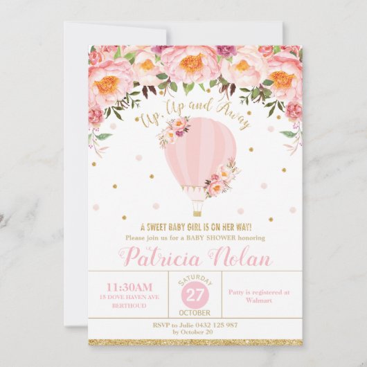 赤面の花の熱気の気球のベビーシャワーの女の赤ちゃん 招待状 (正面)
