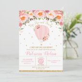 赤面の花の熱気の気球のベビーシャワーの女の赤ちゃん 招待状 (スタンド正面)