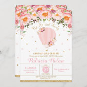 赤面の花の熱気の気球のベビーシャワーの女の赤ちゃん 招待状 (正面/裏面)