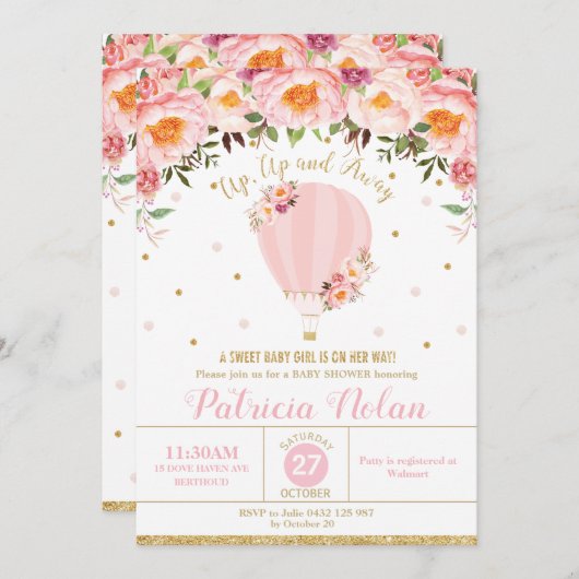 赤面の花の熱気の気球のベビーシャワーの女の赤ちゃん 招待状 (正面/裏面)