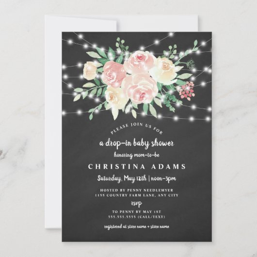 赤面の花柄は女の子のベビーシャワーの低下をつけます 招待状 (正面)