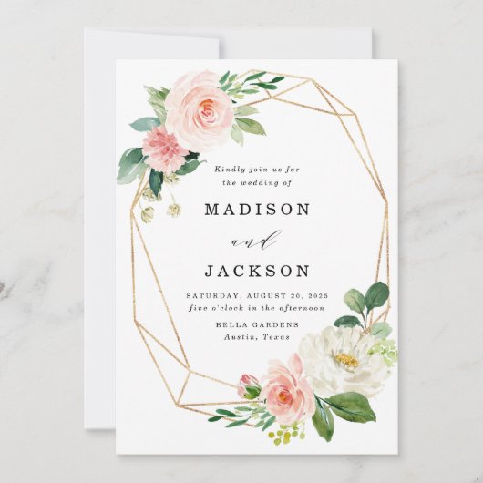 赤面の花模様|の金ゴールドフレームの結婚式招待状 招待状 (正面)