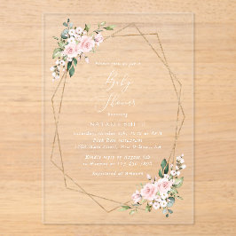 赤面の花，ピンクの花，ボホ，赤ちゃんシャワー アクリル招待状