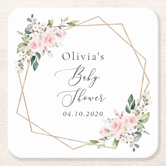赤面の花,ピンクの花,ボホ,赤ちゃんシャワー スクエアペーパーコースター (正面)