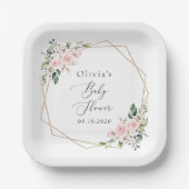 赤面の花，ピンクの花，ボホ，赤ちゃんシャワー ペーパープレート (正面)