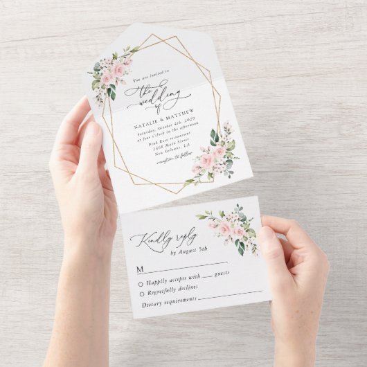 赤面の花,ピンクの花,緑結婚, s オールインワン招待状 (貼ってはがせる)